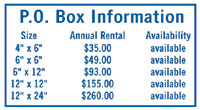 24" x 18" P.O. Box Information Sign - Blue on White