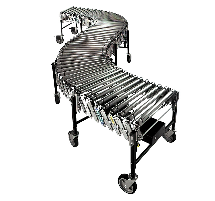 30"W x 15-36'L Flexible Power Roller Conveyor